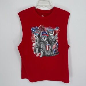 Way To Celebrate Men's Red Patriotic Cat 4th of July Graphic Tank Top Size L